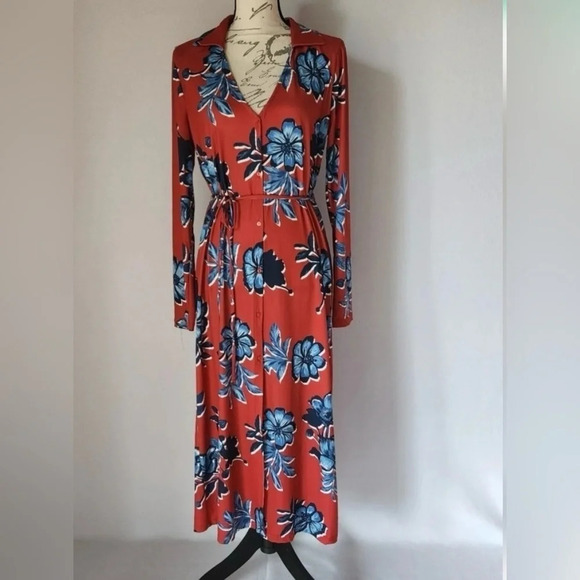 Zara Dresses & Skirts - ZARA Floral Knit Midi Shirt Dress Tie-Belt Button Long Sleeve Red Blue
